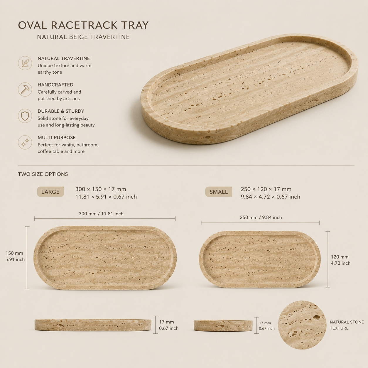 Beige Travertine Stone Oval Tray