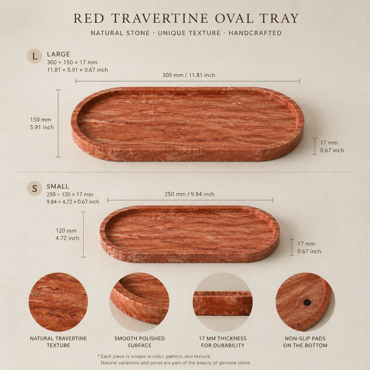 Red Travertine Oval Tray