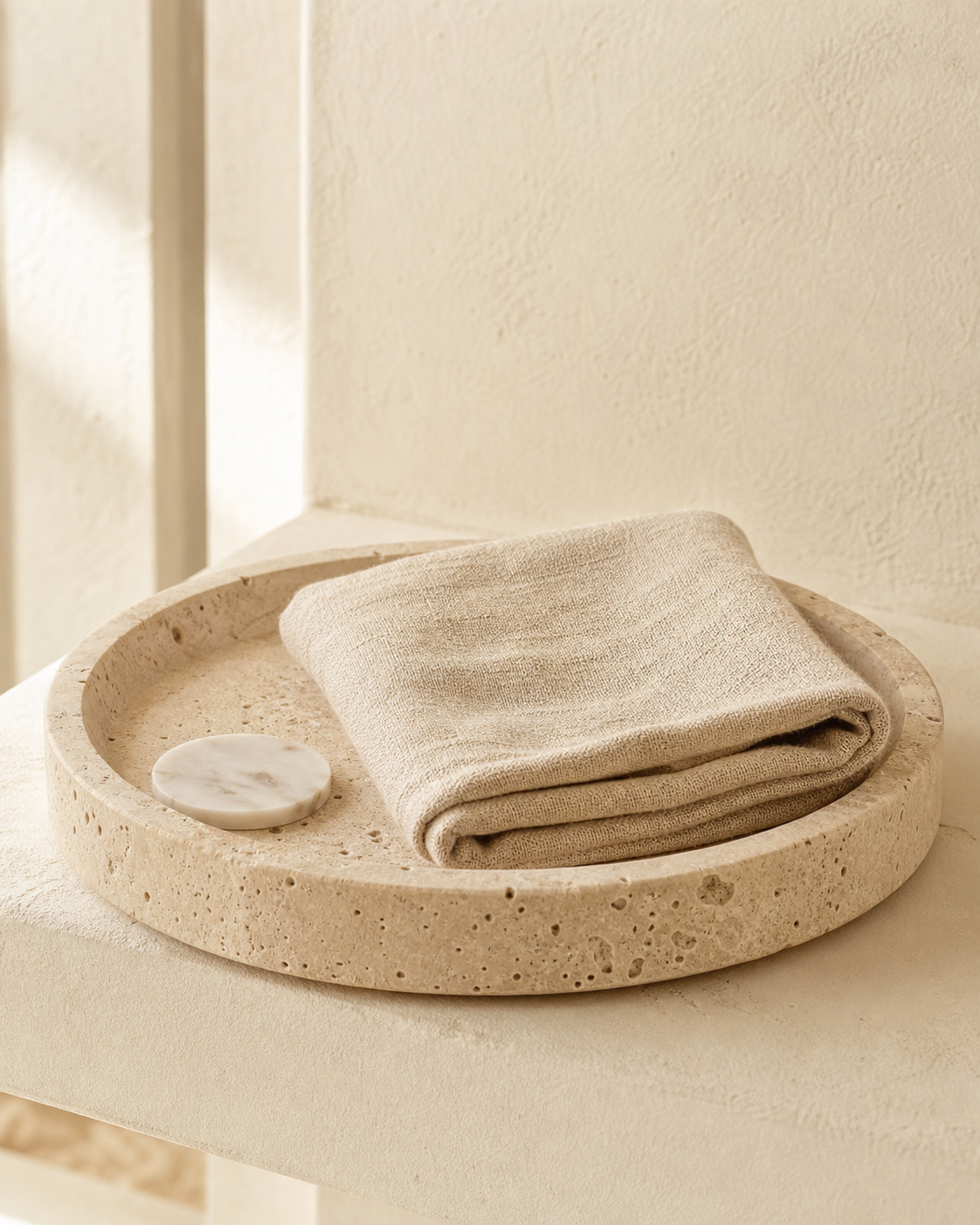 Natural stone tray with a soft linen cloth