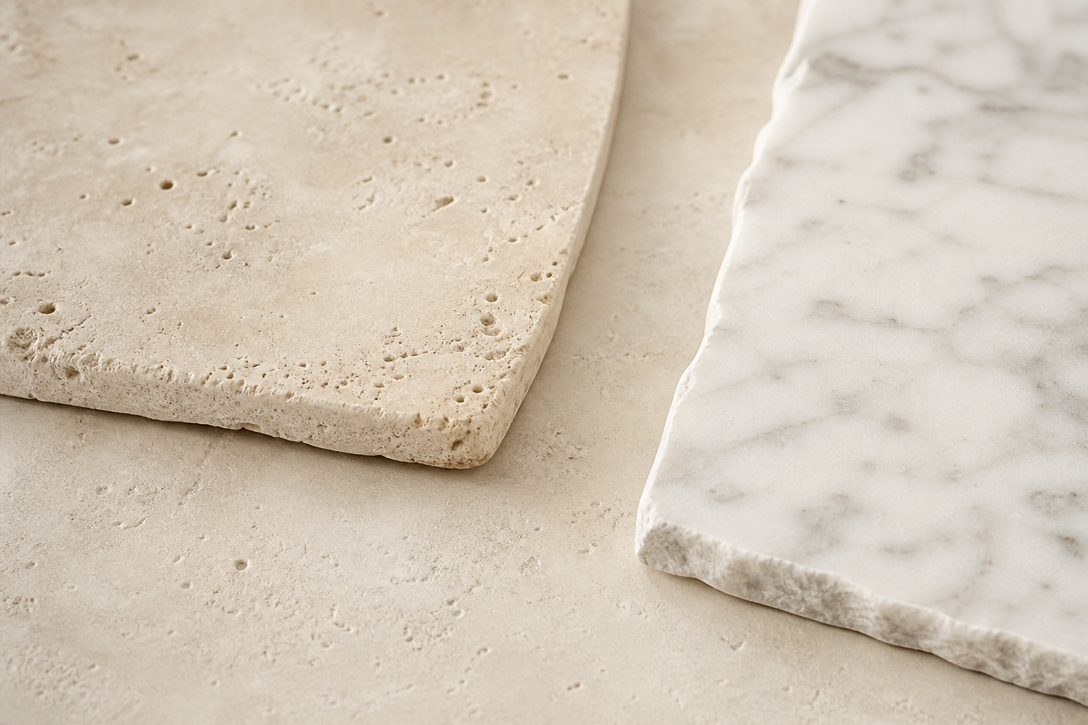 Travertine and white marble showing natural texture
