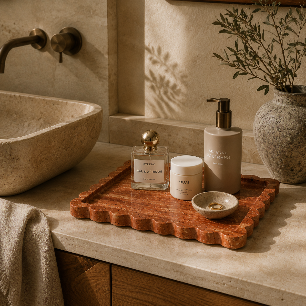 Red Travertine Scalloped Tray