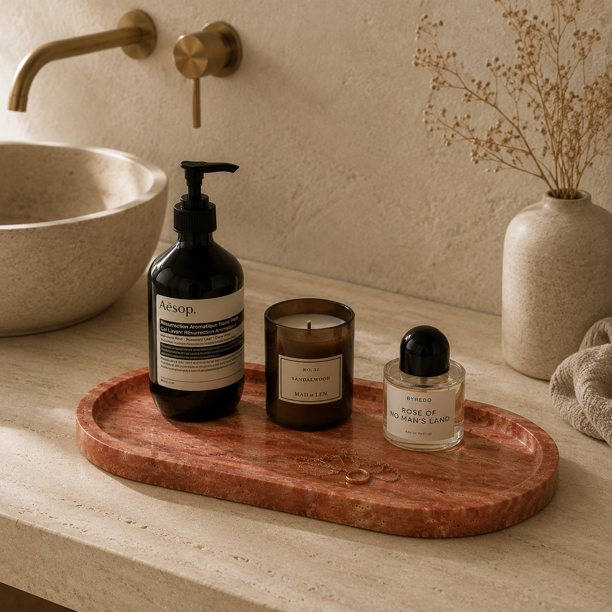 Red Travertine Oval Tray