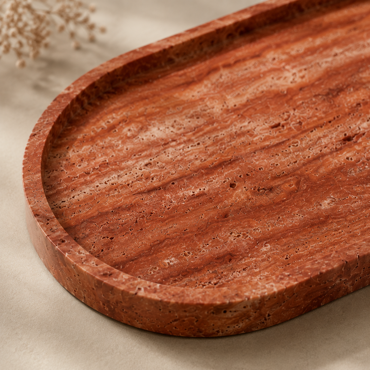 Red Travertine Oval Tray
