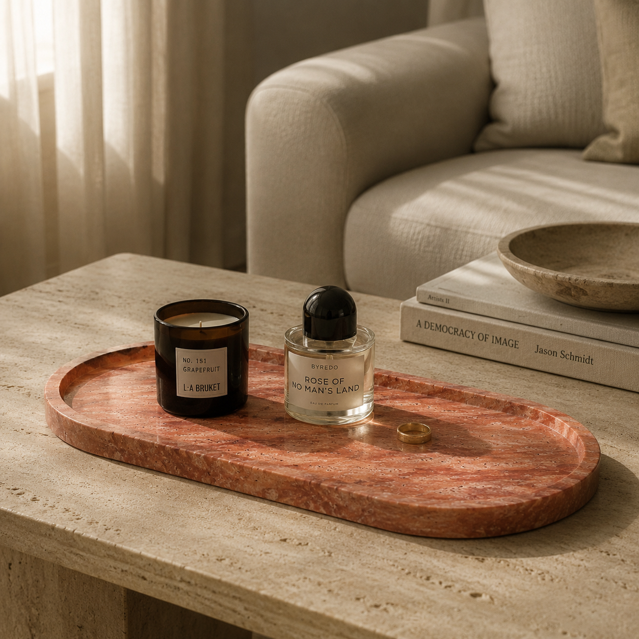 Red Travertine Oval Tray