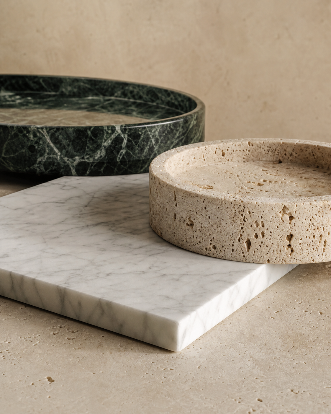 Travertine, green marble and white marble showing their natural variation